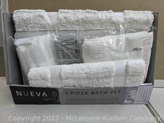 Nueva 5- Piece Bath Set - Bridgeport Grey - 1 waffle textured shower curtain - 1 white shower liner - 12 stainless steel shower hooks - 2 ultra plush bath rugs - See Link! (New - Open Box)