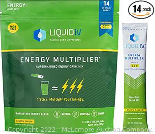 Liquid I.V. Energy Multiplier | Energy Powder Drink Sticks | Matcha and Green Energy Blend Drink Mix | Natural Caffeine | Easy Open Single-Serving Stick | Non-GMO | Lemon Ginger | 14 Sticks- MISSING A FEW (New - Open Box)