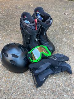 Burton Size 10 Boots, Smith Goggles, Scott Gloves and HI Fi Helmet 