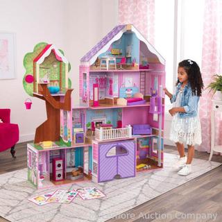 New in box - KidKraft Treehouse Retreat Mansion Dollhouse - For Dolls up to 12” tall - Assembled 56” x 59” -  - 26 pieces with lights and sounds. - 13 rooms including a treehouse. -  - Transparent elevator glides to 3rd floor. - - $149 - SEE LINK (New)