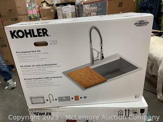 New in box  -  Kohler Pro-Inspired Stainless Steel Kitchen Sink - Complete with Faucet, Cutting board - 9" Deep Single Basin Dual Mount Stainless Steel Sink - Professional Style Faucet in Stainless Finish  - $349 - SEE LINK (New)