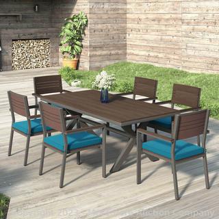 Used with Wear but Functional - SEE PIX - Some chipping on one corner of table and Table wobbles some - Cushions show wear - - Sirio Colonial 7-piece Dining Set -Dining Table, 6 Stationary Arm Chairs - High-Density Polyethylene Lumber - $2299 at Costco (See Description)