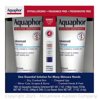 NEW - Aquaphor Advanced Therapy Healing Ointment, 2-pack - (2) 7 oz Tubes + (1) 0.35 oz Lip Balm Multi Purpose Ointment For Dry, Cracked, or Irritated Skin Fragrance Free (New)