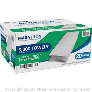 Brand New - Marathon 2-Ply Multifold Paper Towels, White, 3000 ct - Towel Dimensions: 9.2''L x 9.4"W Towels per pack: 150 Packs per case: 20 Total towels: 3,000 (New)