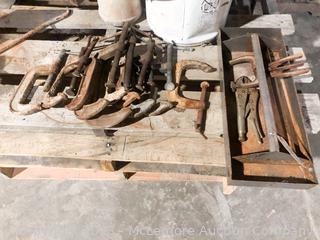 Assortment of C Clamps with Tool Box Insert Tray and Vise Grip Pliers