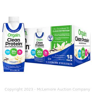 Orgain Clean Grass Fed Protein Shake, Vanilla Bean, 11 fl oz, 18-count (New - Open Box)