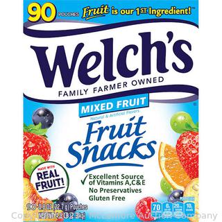Welch's Fruit Snacks, Mixed Fruit, 0.8 oz, 90 ct - See photo for damage (New - Damaged Box)