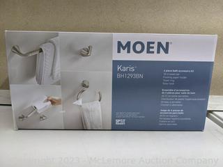 New in box - Moen Karis 4-piece Bath Hardware Kit (Model BH1293BN) - includes 18" Towel Bar, Pivoting Toilet Paper Holder, Towel Ring, Robe Hook - Brushed Nickel - NEW! - SEE LINK (New - Open Box)
