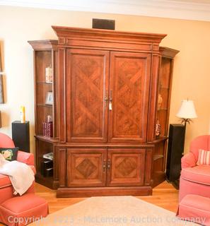 Thomasville British Gentry Collection Wooden Entertainment Center Cabinet with Two Side Corner Shelves (Contents Not Included)