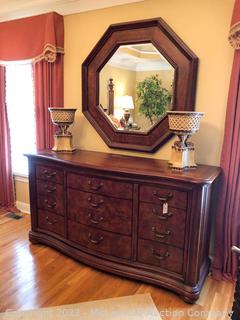 Thomasville British Gentry Collection Wooden 9-Drawer Dresser with Octagonal Wall Hanging Mirror (Contents Not Included)