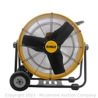 New open box - Mfg # DXF-2490 - DEWALT 24" Heavy Duty Drum Fan, Black and Yellow - 5 Amp Fuse in plug for additional safety - Extra-long, 12-foot power cord with cord wrap design provides reach and convenient storage - 90 degrees tilt adjustment - See Link! -  (New - Open Box)