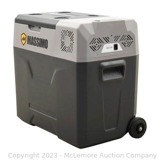 Tested working - Used - Slight buckling in bottom plastic - SEE PIX - Massimo CX50 12V Portable E-Kooler -52 qt. Cooler with Room for up to (68) Standard Cans -LCD Digital Display with Range from 68 to 0 Degrees Fahrenheit -  - A must have for camping, leisure, marine and truck uses - Adjustable from +20°C to -20°C - - See Link! - $369 (See Description)