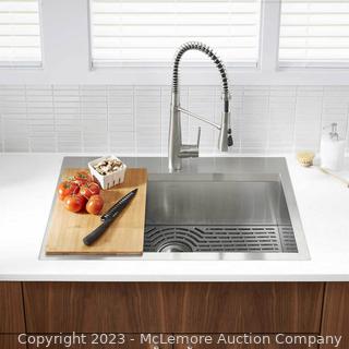 New in box  ( SEE PIC - one steel corner has slightest bend ) -  Kohler Pro-Inspired Stainless Steel Kitchen Sink - Complete with Faucet, Cutting board - 9" Deep Single Basin Dual Mount Stainless Steel Sink - Professional Style Faucet in Stainless Finish  - $349 - SEE LINK (New)