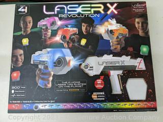 Used - NSI Laser X Revolution Blasters 4pk - Play as teams or individuals - Sounds and lighting effects keep track of your shots and hits - All Laser X Gear works together - SEE LINK! (See Description)