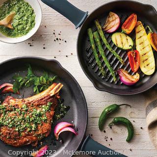 Tramontina 2-piece Cast Iron Skillets -Pre-seasoned Cast Iron -Removable Silicone Grips - Induction Ready - Missing grill - See photo for skillet (See Description)