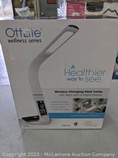 Out of box - OttLite LED Desk Lamp with Clock and Wireless Charging Station - White - Wireless Charging Qi-enabled devices, 3 color Temperature Modes, Night light, flexible - $42.99 - SEE LINK - See photo (See Description)