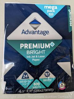 Advantage Premium Bright Ink Jet and Laser Paper, 8.5"x11" Letter, White, 24lb, 97 Bright, 1 Ream of 800 Sheets (New - Open Box)