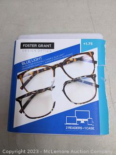 MENS-Design Optics by Foster Grant Eric Blue Light Reading Glasses, 2-pack -LENS POWER +1.75 (New - Damaged Box)