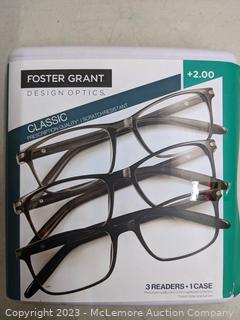 Design Optics by Foster Grant Dax Plastic Rectangle Reading Glasses, 3-pack +2.00 (New - Open Box)