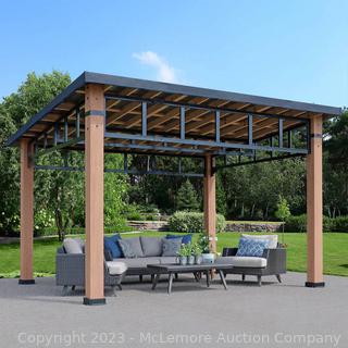 Brand New in box - Yardistry 12' x 14' Contemporary Gazebo with Aluminum Roof - 100% FSC Certified Wood - Water-Based Stain - Black Powder-Coated Steel Roof Trusses -  (New)