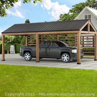 Brand New in box -  Newville FSC Wood Carport with Privacy Wall and Rain Gutter, 10 ft. x 20 ft. - Galvanized Steel Roof with Durable, Powder-Coated Finish - FSC Wood Construction and Built-In Rain Gutter System - $2999 - SEE LINK (New)