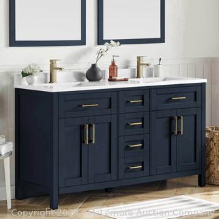 Brand New - OVE Decors Lakeview 60" Double Bath Vanity -60 in. x 21 in. x 34.75 in.- Midnight Blue Finish - Top Drilled for Two Single-Hole Faucets - Cultured Stone Countertop - Pull-out Shelf with Integrated Power Bar - Soft-close Drawers with Adjustable Dividers - $1529 - SEE LINK (New)