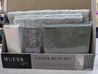 Nueva 5- Piece Bath Set - Bridgeport Sage- 1 waffle textured shower curtain - 1 white shower liner - 12 stainless steel shower hooks - MISSING BOTH 2 ultra plush bath rugs - See Link! -  (See Description)