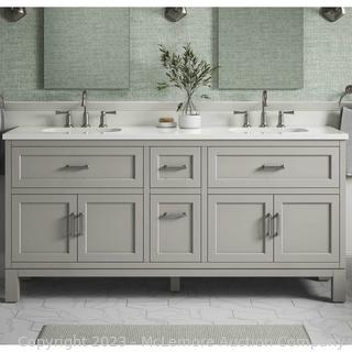 New in box - Kohler Tellin 72" Bath Vanity - Gray -  - mfg # REC283875-LG-0 - Quartz Vanity Top - 8” Widespread Faucet Holes - ncludes Trays and Drawer Organizers for Makeup and Hair Tools - power outlets - soft close - $1999 - SEE LINK (New)