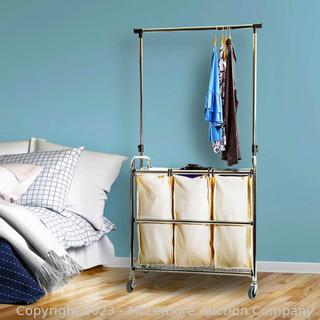 Seville Classics 3-Bag Laundry Sorter with Hanging Bar - Heavey Duty Chrome, Adjustable Hanging Bar, Locking wheels - NEW - $69 - SEE LINK (New)