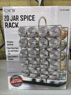 Orii 20-Jar Spice Rack - 20 Clear glass spice jars include inner shaker lids filled with spices and herbs - Stainless steel caps - Electroplated steel wire rack with durable bamboo base (New - Open Box)