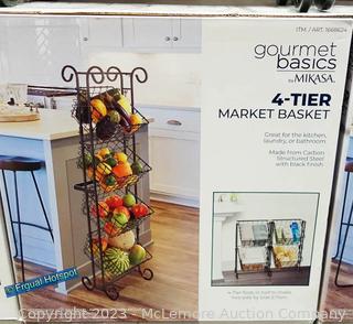 GOURMET BASICS BY MIKASA 4-TIER MARKET BASKET - This versatile organizer is made from carbon structured steel in a black finish and can be used in the kitchen, bathroom, or laundry room -  (New)