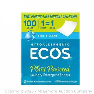 ECOS HE Laundry Detergent Sheets, Free & Clear, 100 Loads, 100 Sheets - 1-Pack - Missing few (See Description)