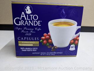 Alto Grande Super Premium Capsules 100% Arabica Coffee From Puerto Rico- Espresso 60+ CT - (New - Open Box)