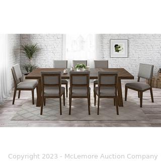 Brand New in box - Galena 9-Piece Dining Set by Pike & Main - Hand distressed brown finish - Mahogany solids and Mindy veneers - Fits up to 8 - Table: 100” L x 40.5” W x 30” H; Chair (each): 21” L x 23” W x 37.5” H - $1999 - SEE LINK (New)