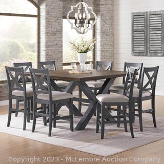 Brand New in box - Tristan 9-piece Counter-Height Dining Set - Gray and Brown Finish - 60 in. x 60 in. x 36.2 in. - Poplar and Rubberwood Solids with Birch Veneers - 12” Self-Storing Leaf - $1699 - SEE LINK (New)