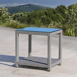 Brand New - Abbyson Living Belmont Patio End Table / Coffee Table With Glass - 22in H x 18in D x 22in W  - Gray Hand Woven, All Weather Wicker, Powder Coated Aluminum Frame - $189 (New)