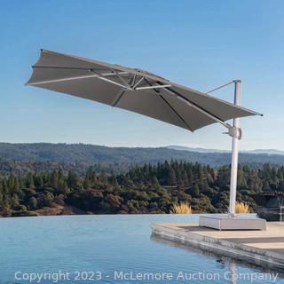 New in box - Sunvilla 12' Square Commercial Cantilever Umbrella - Tan - Outdura® Marine Grade Fabric that Resists Fading, Mildew, and Dirt - Adjustable Canopy with Easy To Use Glide Handle - Base Included - $989 - SEE LINK (New)