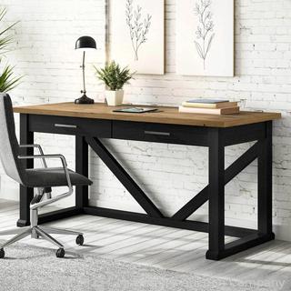 New Store Display - - Morrison 62” Writing Desk by Pike & Main - Mahogany Solids and Oak Veneers - 62.7” L x 25.7” W x 30” H - Two-Tone Natural Brown Top with Black Base -Adjustable Levelers - $599 - SEE LINK2 Outlet, 2 USB Port Power Strip -  (New - Open Box)