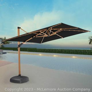 New - ProShade 10ft Square LED Wood-Look Cantilever Umbrella with Rolling Base - Solar-Powered Rechargeable LED Lights - 360 Degree Rotation - Black Canopy -  Outdura® 100% Solution-Dyed Acrylic Fabric is Resistant to Stains, Fading, and Cleans Easily - $879 (New)