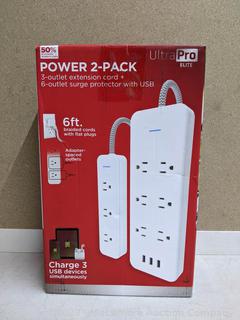 Ultra Pro Elite Power 2-Pack -(1) 3-Outlet Extension Cord + (1) 6-Outlet Surge Protector with USB (New - Open Box)