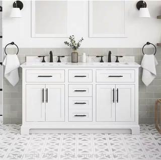 Home Decorators Doveton 60 in. W x 19 in. D x 34.5 in. H Double Sink Bath Vanity in White with White Engineered Stone Top  MSRP $899  APPEARS NEW NO BOX