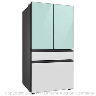 Brand New Sealed In Box - Samsung - Bespoke 29 cu ft. 4-Door French Door Extra-Large capacity Smart Refrigerator with Beverage Center in Morning Blue Glass Top Panels and White Glass Middle and Bottom Panels, Standard Depth - mfg # RF29BB86004M - Dimensions: H 70 in, W 35.75 in, D 34.25 in - $3599 at Home Depot - SEE LINK (New)
