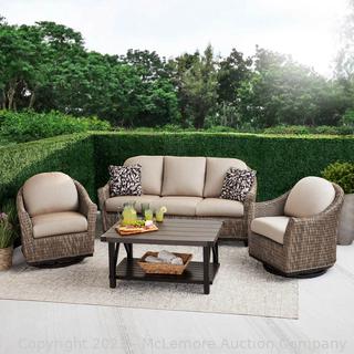 Brand New in box - Agio Amelia 4-piece Outdoor Patio Seating Set - All-weather hand-woven Wicker - Set includes - Sofa with cushions, 2 Swivel gliding chairs with cushioins, Coffee Table, 2 Decorative pillows - Resistant to Fading, Stains, Mildew and Stretching - Sunbrella Fabric - Resysta Is a Weatherproof, Water-resistant, and Uv-resistant Faux Wood - Rust-resistant, Aluminum Construction - $2499 SEE LINK (New)