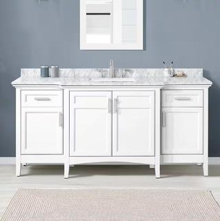 Sassy 72 in. Single Sink White Bath Vanity with Carrara Marble Top MSRP $1739 Appears New in box