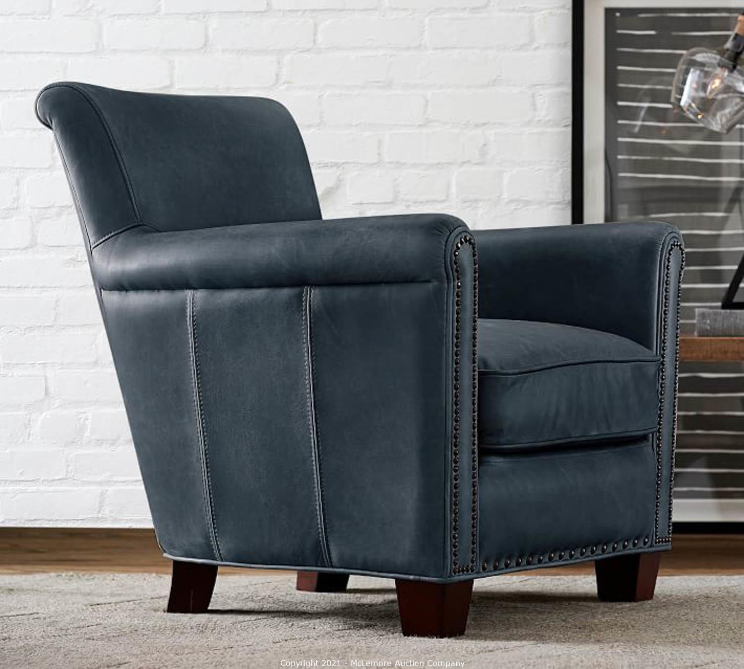 pottery barn blue leather chair