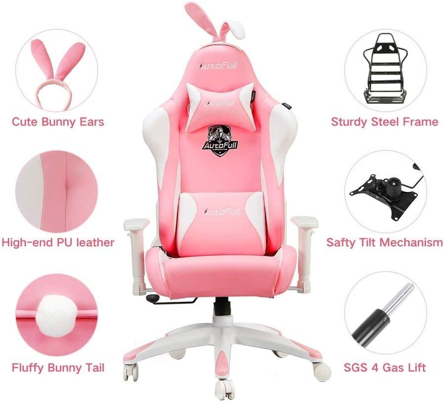 AutoFull Pink Ergonomic Gaming Chair Cute Kawaii Style Office Chair PU Leather High Back Racing Computer Chairs with Rabbit Ears and Tail 3-Years Warranty 